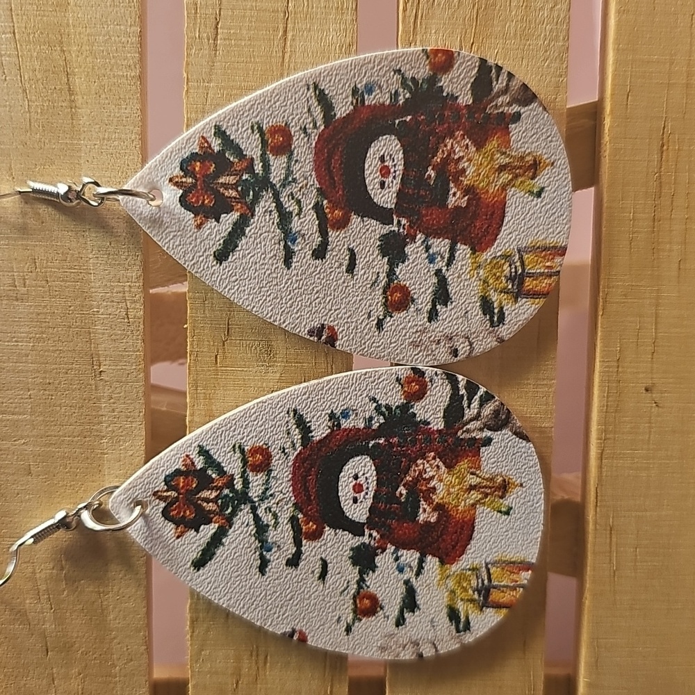 Faux Leathet Festive Teardrop Earrings with Snowman Design - Picture 2 of 3